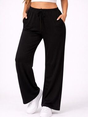 Wide-Leg Drawstring Lounge Pants - Black